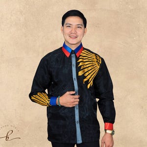 Patriotic Collar Embroidered &quot;Sinag&quot; Black Barong Tagalog - Robin - JK46