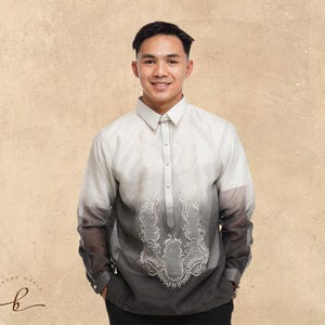 Gradient Barong Tagalog: Black Jusilyn, White Embroidery, Men&#39;s Long Sleeve