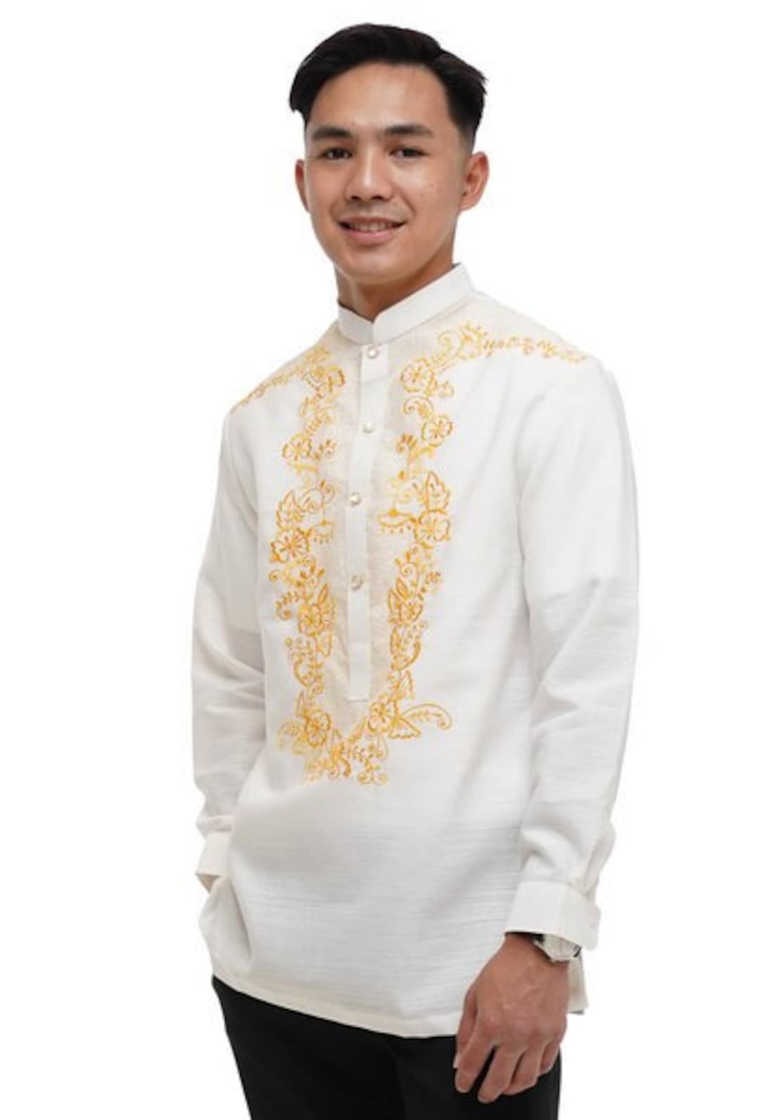 White Modern Mens Barong Tagalog Premium Embroidery Raffy