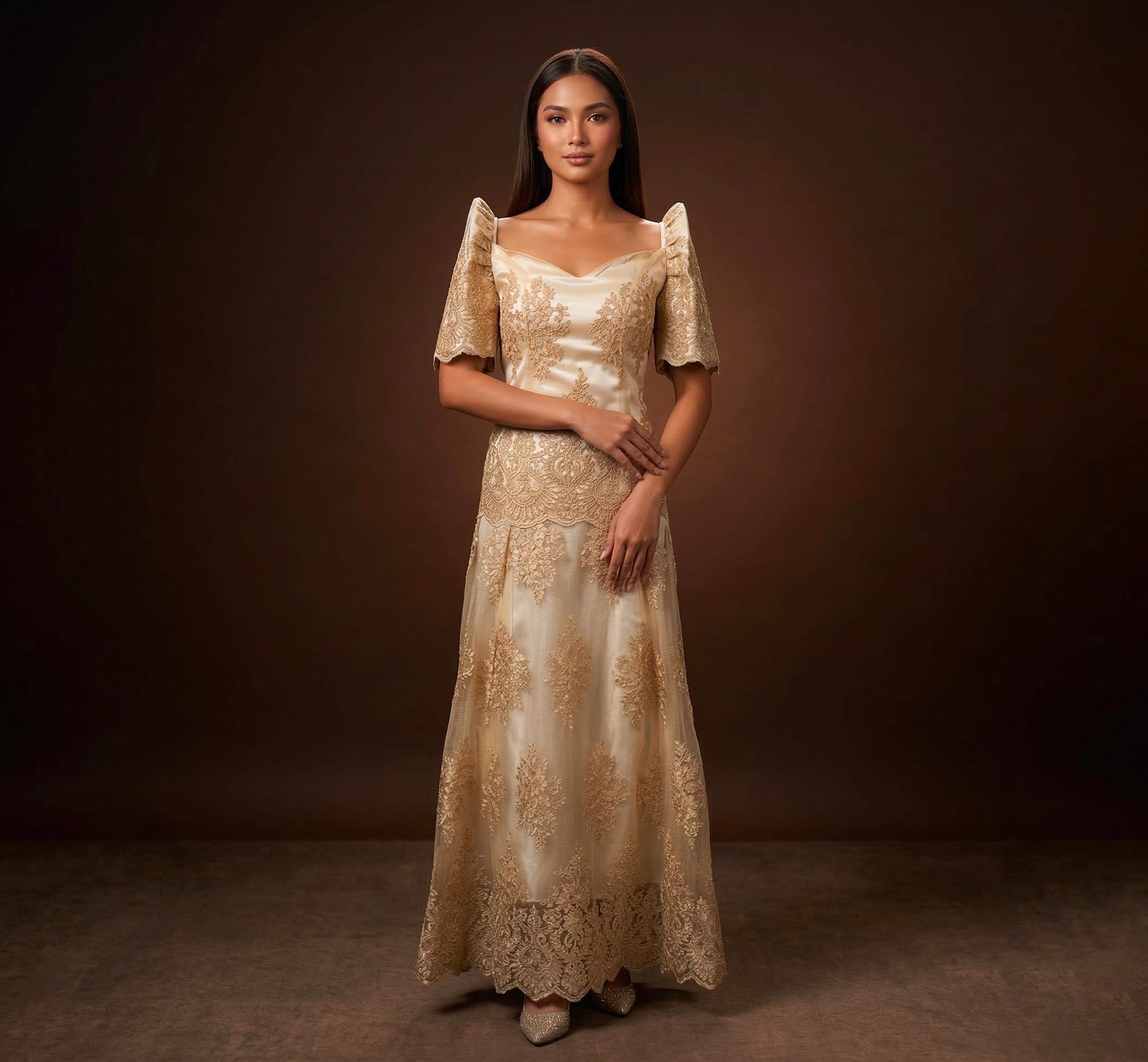 elegant gold long dress ASHLEYlauren 12013 Hand-Beaded Gown with Choker Detail main image 0