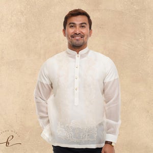 Ivory Embroidered Cocoon Barong Tagalog - Handwoven Silk, Men&#39;s Long Sleeve