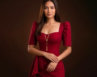 Handwoven Red Inabel Pinilian Filipiniana Dress - HW41