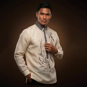 White Barong Tagalog with Black Embroidery