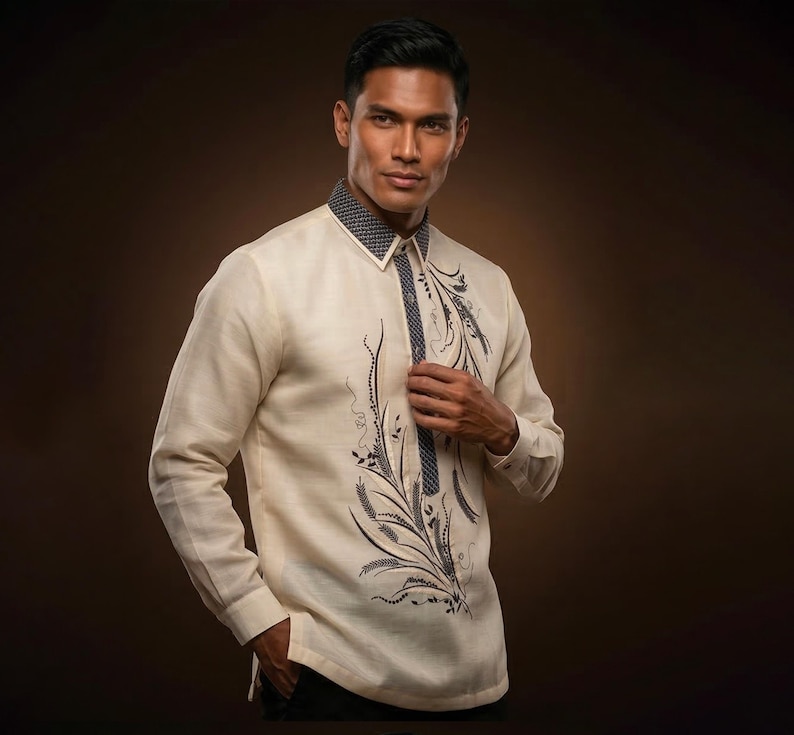 White Barong Tagalog with Black Embroidery