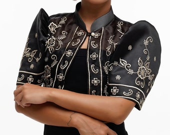 Women's Silk Organza Black Modern Filipiniana Bolero - LJM001