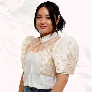Handmade Filipiniana Bolero With Embroidered Design – Beige, 3/4 Sleeve, Pina Organza – S To XL