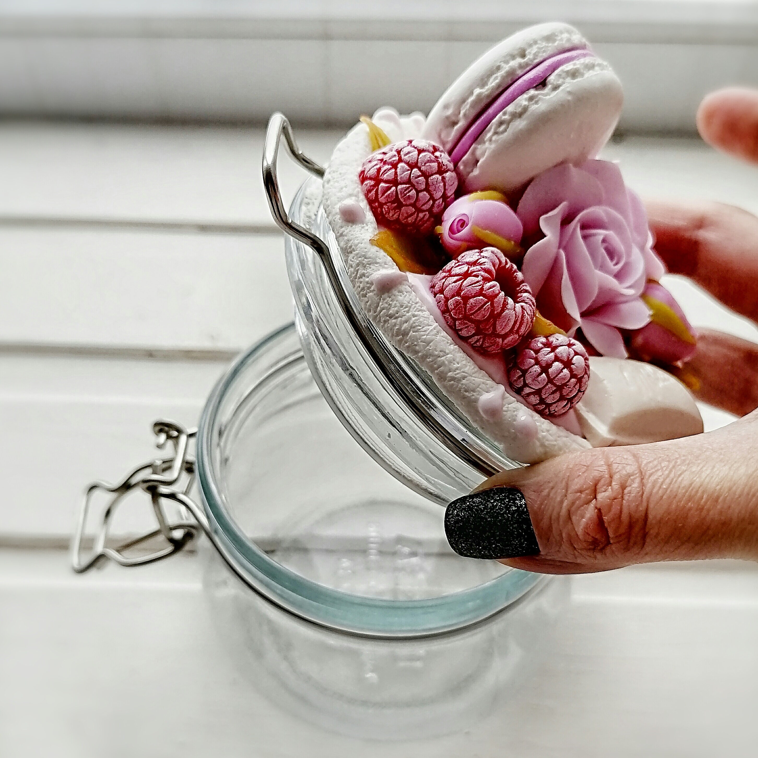 Soft pink jar with polymer clay decor. Cookie jar. Candy jar. Etsy