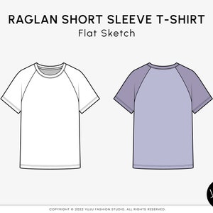 May include: A flat sketch illustration of a raglan short sleeve t-shirt. The t-shirt is shown in two views: one with a white body and white sleeves, and the other with a purple body and white sleeves.
