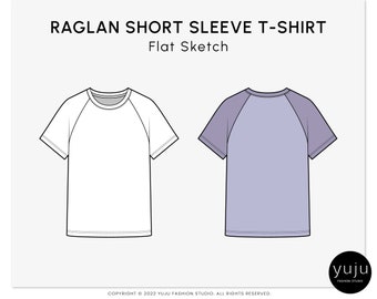 Raglan Short Sleeve T-Shirt - Fashion Flat Sketch, Fashion Template, Technical Drawing, Vector CAD