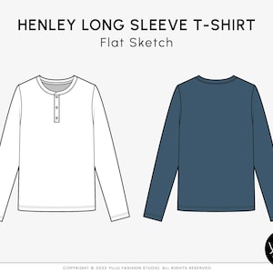 May include: A flat sketch illustration of a long-sleeved Henley t-shirt with a button placket. The shirt is shown in two views: front and back. The front view shows a white shirt, while the back view shows a dark blue shirt.