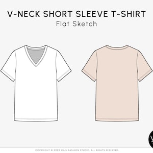 V-Neck Short Sleeve T-Shirt - Fashion Flat Sketch, Fashion Template, Technical Drawing, Vector CAD