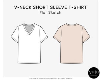 V-Neck Short Sleeve T-Shirt - Fashion Flat Sketch, Fashion Template, Technical Drawing, Vector CAD