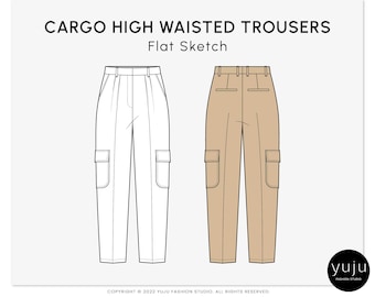 Cargo High Waisted Trousers - Fashion Flat Sketch, Fashion Template, Technical Drawing, Vector CAD