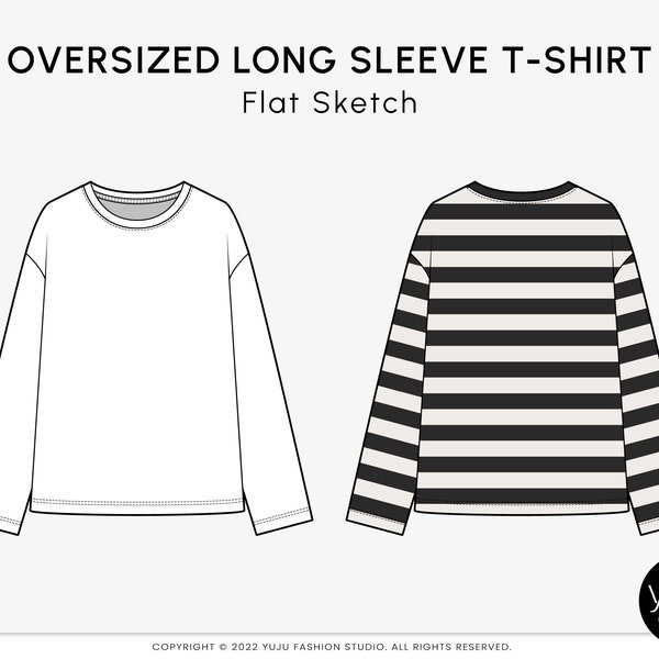 T-shirt à manches longues surdimensionné - Fashion Flat Sketch, Fashion Template, Technical Drawing, Vector CAD