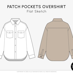 Patch Pockets Overshirt - Fashion Flat Sketch, Fashion Template, Technical Drawing, Vector CAD