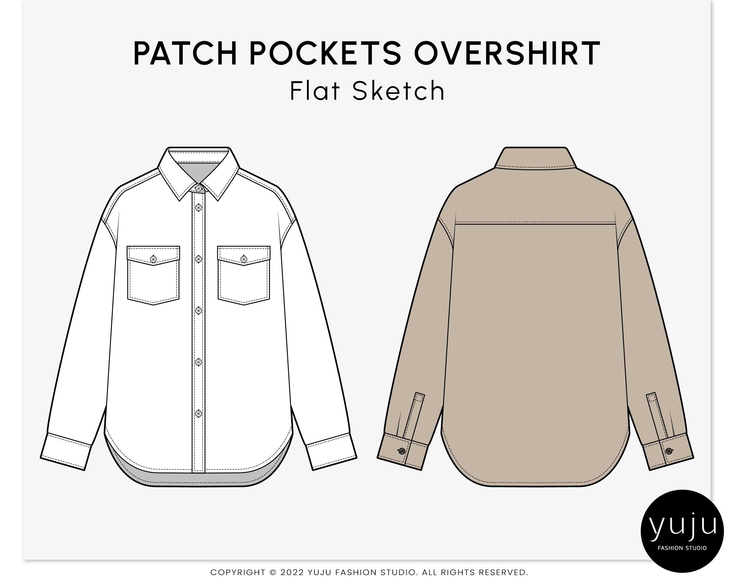 Patch Pockets Overshirt - Fashion Flat Sketch, Fashion Template, Technical Drawing, Vector CAD