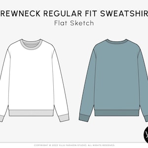 Crewneck Regular Fit Sweatshirt - Mode Platte Schets, Mode Sjabloon, Technische Tekening, Vector CAD