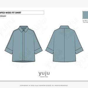 Puede incluir: Dibujo t&eacute;cnico de una camisa holgada drapeada en color azul verdoso claro, c&oacute;digo de color 16-4411 TCX Tourmaline. La camisa tiene cuello y mangas tres cuartos. Se muestran las vistas delantera y trasera.