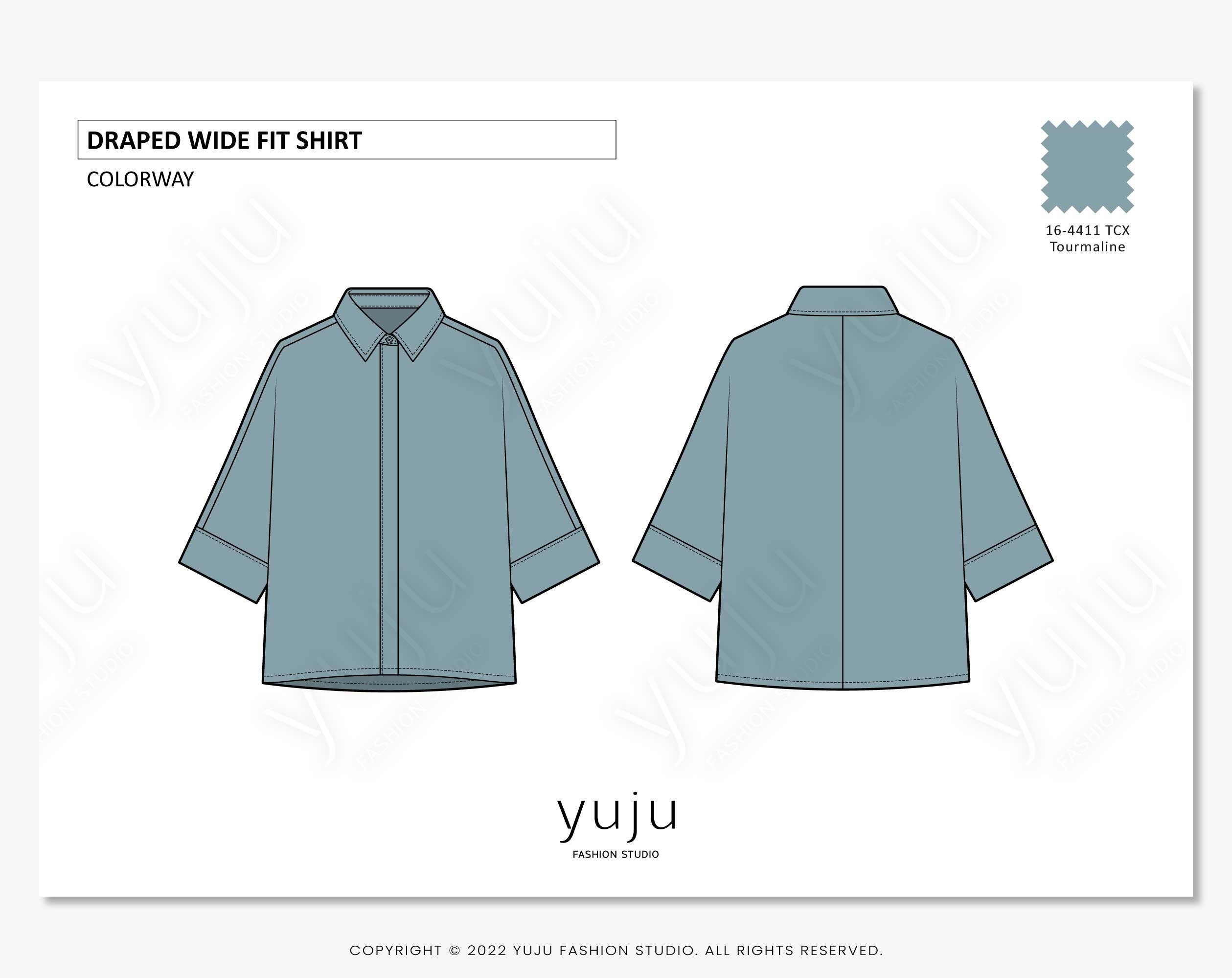 Draped Wide Fit Shirt - Fashion Flat Sketch, Fashion Draped Wide Fit Shirt - Fashion Flat Sketch, Fashion