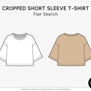 May include: A flat sketch of a cropped short sleeve t-shirt, shown in white and tan. The t-shirt features a crew neck and short, wide sleeves. The text "CROPPED SHORT SLEEVE T-SHIRT" and "Flat Sketch" are at the top of the image.