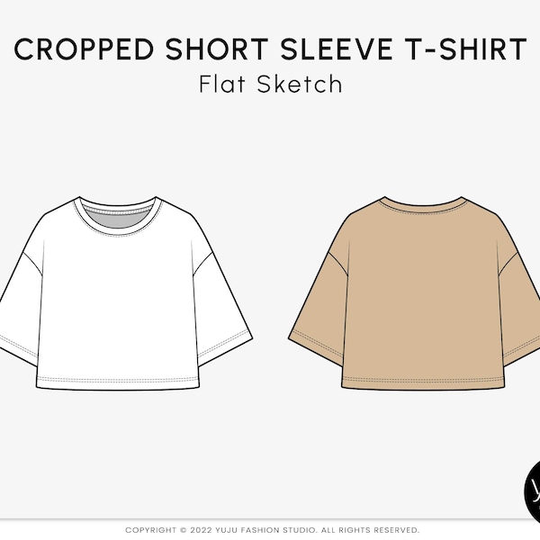 Oversized Cropped Short Sleeve T-Shirt - Fashion Flat Sketch, Fashion Template, Technical Drawing, Vector CAD