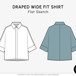 Puede incluir: Boceto plano de una camisa drapeada de corte amplio. La vista frontal es blanca y la vista trasera es azul. La camisa tiene cuello, mangas cortas y abotonadura delantera. El texto "DRAPED WIDE FIT SHIRT" y "Flat Sketch" están en la parte superior.