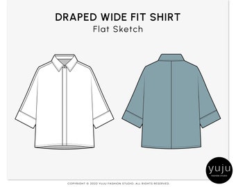 Draped Wide Fit Shirt - Fashion Flat Sketch, Fashion Template, Technical Drawing, Vector CAD