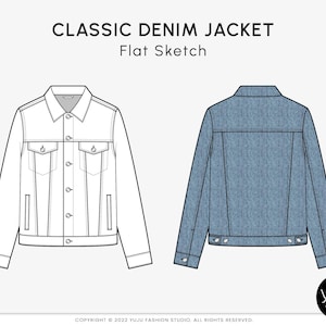 May include: A flat sketch of a classic denim jacket in two views: front and back. The front view shows a white denim jacket with a button closure, two flap pockets, and a single button on each cuff. The back view shows a blue denim jacket with a button closure and two flap pockets.