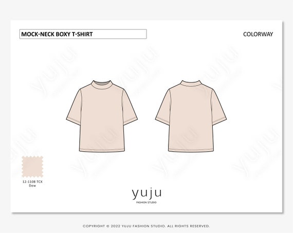 Mock-neck Boxy T-shirt Flat Sketch 