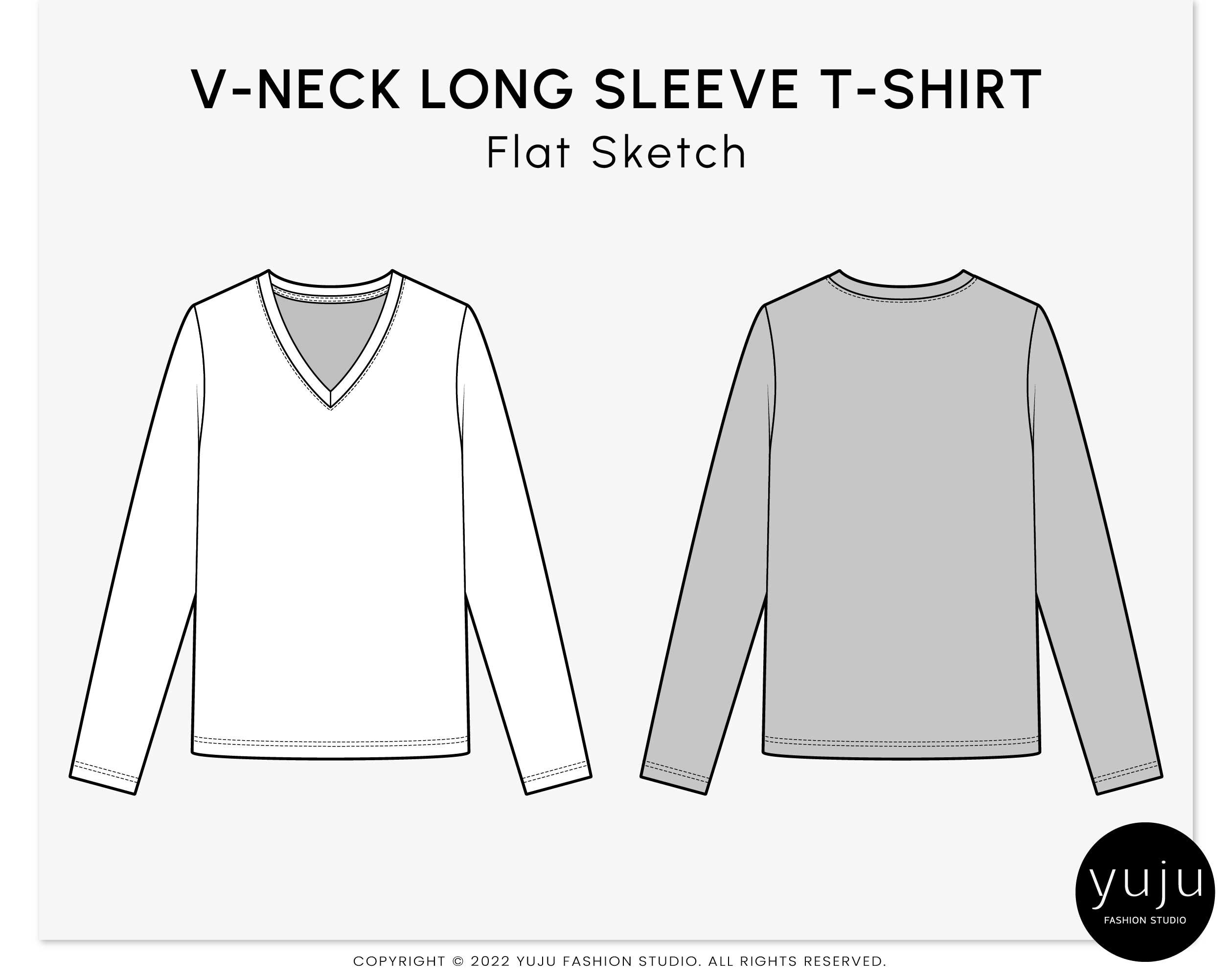 V-neck Long Sleeve T-shirt - Fashion Flat Sketch, Fashion Template
