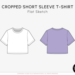 Cropped Short Sleeve T-Shirt - Fashion Flat Sketch, Fashion Template, Technical Drawing, Vector CAD