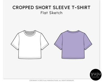 Cropped Short Sleeve T-Shirt - Fashion Flat Sketch, Fashion Template, Technical Drawing, Vector CAD
