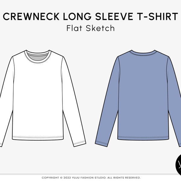 Crewneck Long Sleeve T-Shirt - Fashion Flat Sketch, Fashion Template, Technical Drawing, Vector CAD