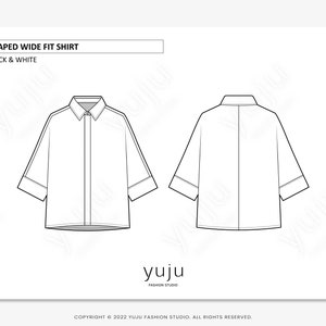 Puede incluir: Ilustraci&oacute;n en blanco y negro de una camisa holgada drapeada. La camisa se muestra de frente y de espalda, con mangas cortas y cuello. El texto "DRAPED WIDE FIT SHIRT" y "BLACK & WHITE" est&aacute;n en la parte superior.