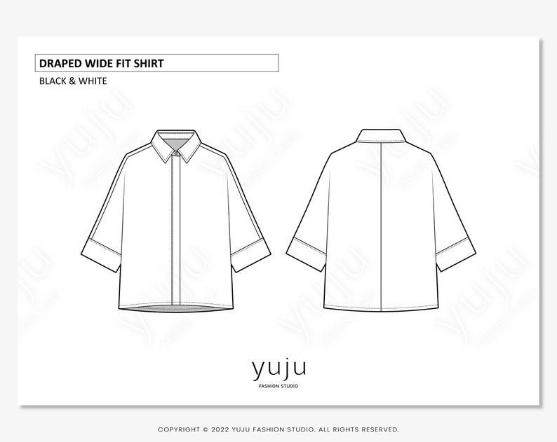 Puede incluir: Ilustraci&oacute;n en blanco y negro de una camisa holgada drapeada. La camisa se muestra de frente y de espalda, con mangas cortas y cuello. El texto "DRAPED WIDE FIT SHIRT" y "BLACK & WHITE" est&aacute;n en la parte superior.