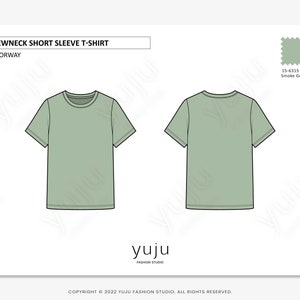 May include: A flat lay illustration of a crew neck short sleeve t-shirt in smoke green. The text "CREWNECK SHORT SLEEVE T-SHIRT" and "COLORWAY" are at the top of the image. The text "yuju FASHION STUDIO" is at the bottom of the image. The text "COPYRIGHT &copy; 2022 YUJU FASHION STUDIO. ALL RIGHTS RESERVED." is at the bottom of the image. A small square of fabric in smoke green is in the upper right corner of the image with the text "15-6315 TCX Smoke Green".