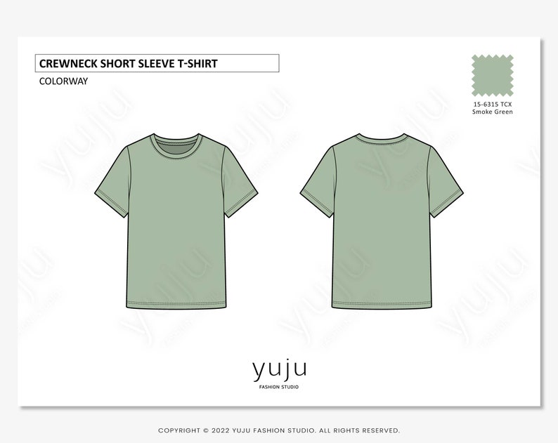 May include: A flat lay illustration of a crew neck short sleeve t-shirt in smoke green. The text "CREWNECK SHORT SLEEVE T-SHIRT" and "COLORWAY" are at the top of the image. The text "yuju FASHION STUDIO" is at the bottom of the image. The text "COPYRIGHT &copy; 2022 YUJU FASHION STUDIO. ALL RIGHTS RESERVED." is at the bottom of the image. A small square of fabric in smoke green is in the upper right corner of the image with the text "15-6315 TCX Smoke Green".