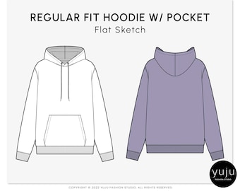 Regular Fit Hoodie W/ Pocket - Fashion Flat Sketch, Fashion Template, Technical Drawing, Vector CAD