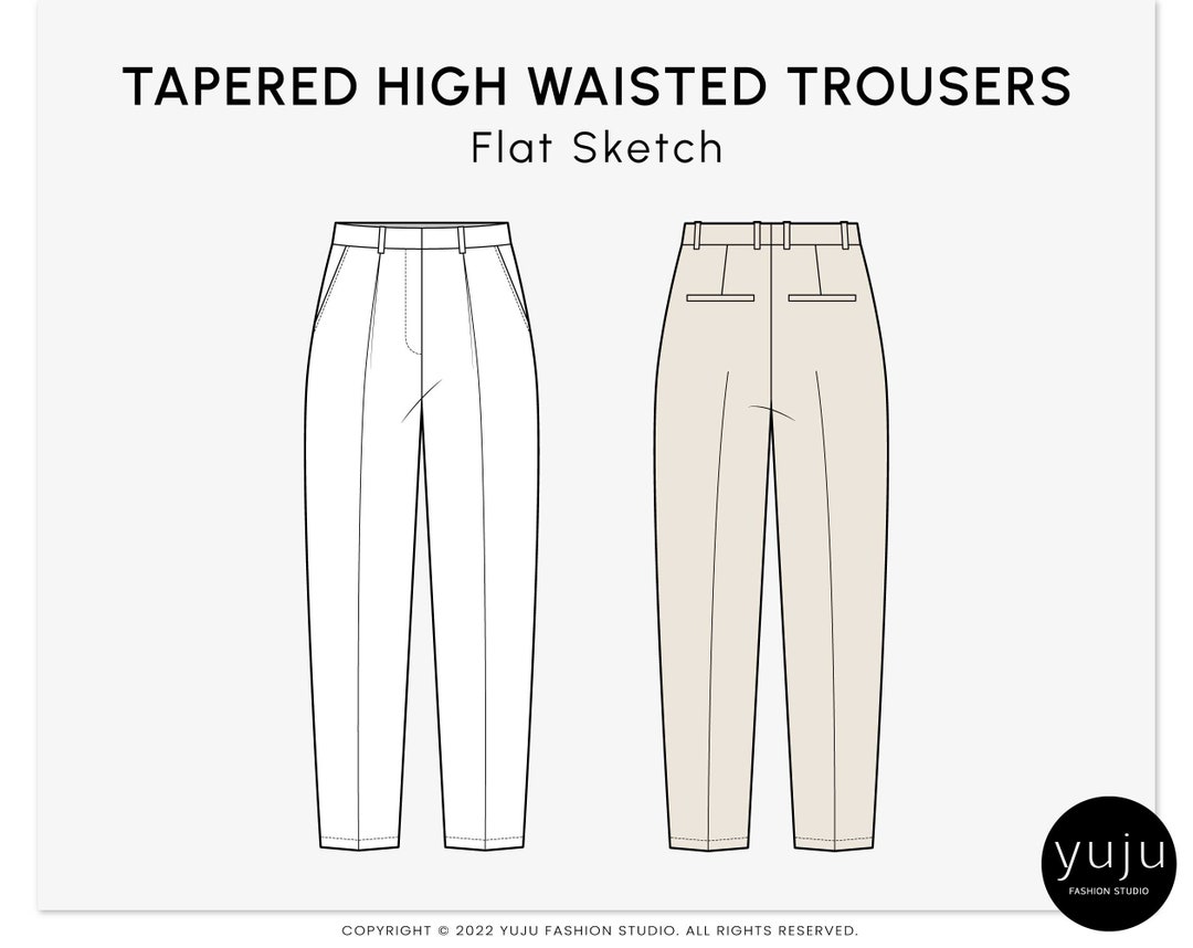 Tapered High Waisted Trousers - Fashion Flat Sketch, Fashion