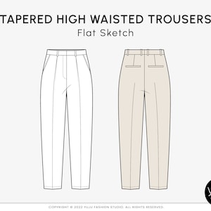 Tapered High Waisted Trousers - Fashion Flat Sketch, Fashion Template, Technical Drawing, Vector CAD