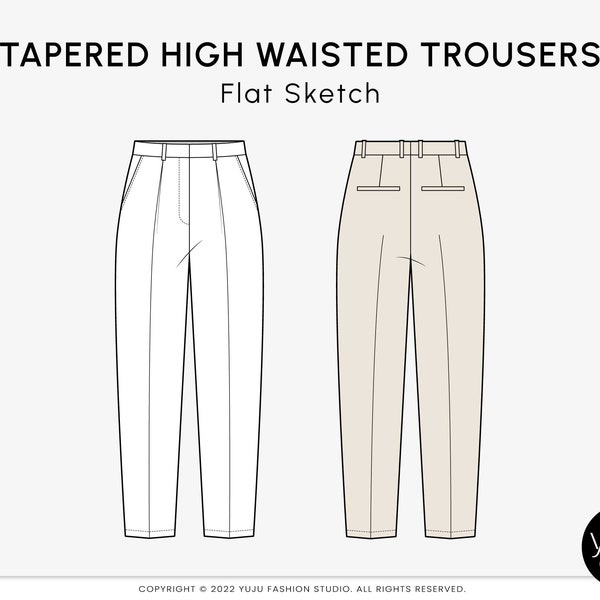 Tapered High Waisted Trousers - Fashion Flat Sketch, Fashion Template, Technical Drawing, Vector CAD