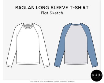 Raglan Long Sleeve T-Shirt - Fashion Flat Sketch, Fashion Template, Technical Drawing, Vector CAD