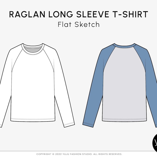 Raglan Long Sleeve T-Shirt - Fashion Flat Sketch, Fashion Template, Technical Drawing, Vector CAD