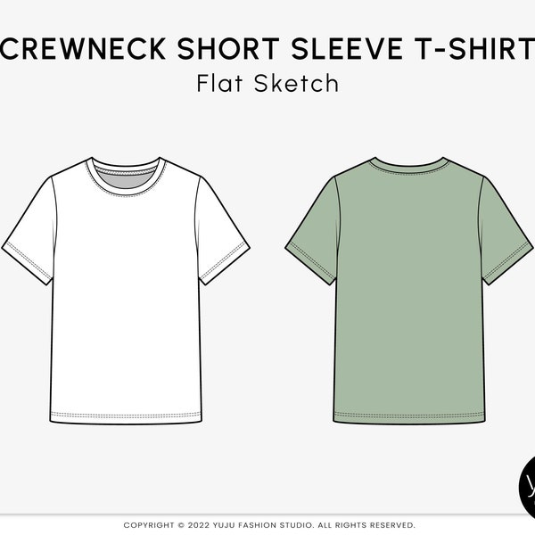 Crewneck Short Sleeve T-Shirt - Fashion Flat Sketch, Fashion Template, Technical Drawing, Vector CAD