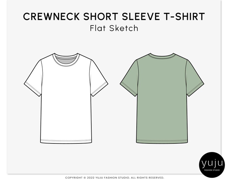 May include: A flat sketch of a crew neck short sleeve t-shirt. The t-shirt is shown in two views: front and back. The front view is white and the back view is a light green color.