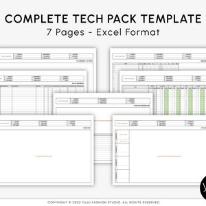 Complete Fashion Tech Pack Template - 7 Pages - EXCEL FORMAT - Apparel Industry Tech Pack, Fashion Design Templates