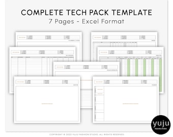Complete Fashion Tech Pack Template - 7 Pages - EXCEL FORMAT - Apparel Industry Tech Pack, Fashion Design Templates
