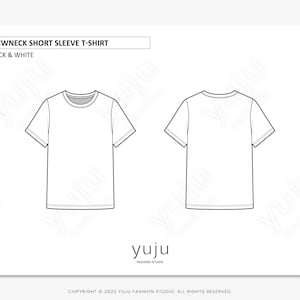 May include: A black and white line drawing of a crew neck short sleeve t-shirt. The t-shirt is shown from the front and back.