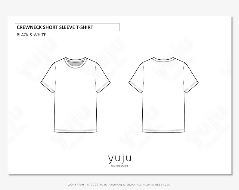 May include: A black and white line drawing of a crew neck short sleeve t-shirt. The t-shirt is shown from the front and back.