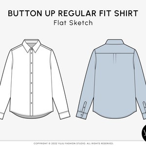 ボタンアップレギュラーフィットシャツ - ファッションフラットスケッチ、ファッションテンプレート、技術図面、ベクターCAD